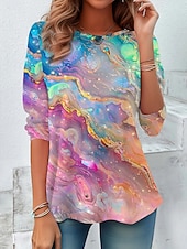 billige Stripe og geometrisk t-skjorte-Dame T skjorte Grafisk Geometrisk Årgang Stilfull Fritid Langermet Crew-hals Vanlige topper Daglig Trykt mønster Svart Rosa Blå Himmelblå Kakifarget Sommer Vår Høst