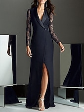 abordables Vestidos de esmoquin-Vestido de esmoquin Vaina Invitado a la boda Noche formal Satén Encaje Elegante Split High Manga Larga Hasta el Suelo Solapa Redonda Botonadura Simple