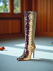 baratos Festa da Vida Noturna-Botas femininas de cano alto com lantejoulas - botas de festa com salto agulha brilhante para mulheres, calçados da moda glamorosos para boates, apresentações no palco e trajes de noite