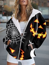 baratos Sweatshirt e Hoodie de Halloween-Moletons femininos com zíper para Halloween, estampa de abóbora, moda casual, manga comprida, com capuz, blusas regulares, moda urbana, uso diário, bolso com zíper, estampa, preto, amarelo, laranja,