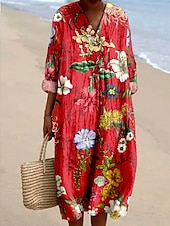 abordables Robes fleuries-Femmes Robe Midi Robe Décontractée Robe d&#039;Été Robe trapèze Vacances Occasionnel Boho Soirée Fête Plage Coupe Ample Fleuri Graphique manche longue Col en V Rouge Printemps Automne