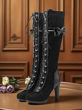 ieftine Victorian și Edwardian-Cizme de damă până la genunchi, inspirate din stilul victorian din anii 1890, din dantelă neagră, cu fundă, pentru tocuri elegante, pentru petreceri tematice și evenimente vintage elegante &amp;evenimente