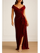 preiswerte Abendkleider-A-Linie Schlauchkleid Abendkleid Elegant Kleid Formell Hochzeit Bodenlang Kurzarm V Ausschnitt Tasche Stretch Satin mit Schleife(n) 2025