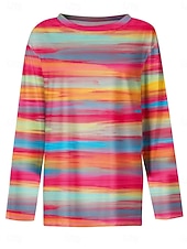 tanie Koszulka w paski i geometryczna-Koszulka damska T-shirt Długi rękaw Graficzna Geometryczna Pasiasta Vintage Stylowa Klasyczna Długi rękaw Crew Neck Okrągły Dekolt Regularne Topki Codzienny Druk Tęcza Wiosna Jesień Zima Przedjesień
