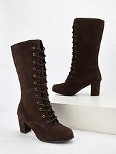 abordables Bottes à la mode-bottes à lacets en daim marron pour femmes - bottes mi-mollet vintage modernes avec talons épais pour la mode de tous les jours, les promenades d&#039;automne et les costumes à thème