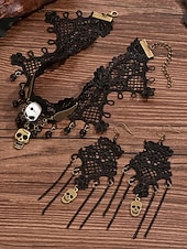 abordables Accesorios de Halloween-Conjunto de collar y pendientes de araña y calavera de Halloween para mujer: diseño de red de encaje negro con gema roja, perfecto para fiestas y disfraces de Halloween.