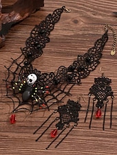 abordables Accesorios de Halloween-Conjunto de collar y pendientes de araña y calavera de Halloween para mujer: diseño de red de encaje negro con gema roja, perfecto para fiestas y disfraces de Halloween.