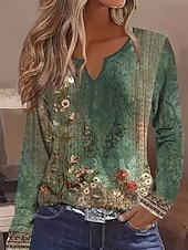 Women's T Shirt Graphic Plants Vintage Stylish Casual Long Sleeve V Neck Notched Neck Regular Tops Daily Weekend Print Green Spring Fall4