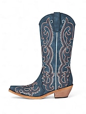 levne Cowboy &amp; Western Boots-Dámské modré kovbojské boty ve westernovém stylu s propracovanou výšivkou, špičatou špičkou a nízkým podpatkem pro country koncerty a rodeo styl