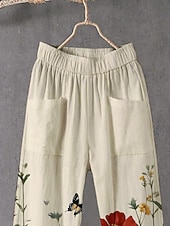 billiga Raka byxor-Dam Kinesiska Byxor Streetwear Ledigt Fullängd Hög midja Blommig Elastisk midja Mönster Mateial som andas Bekväm Elastisk Semester Gata Dagliga kläder Kaki Sommar Vår Höst Normal