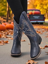 economico Stivali da cowboy e occidentali-stivali da cowboy ricamati marroni da donna: classici stivali a metà polpaccio in stile western per festival autunnali, lavori agricoli e concerti country