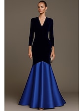 baratos Vestidos de Noite-Vestido de noite sereia/trompete em veludo azul, elegante, formal, para casamento, comprimento até o chão, manga comprida, decote em V com pregas, 2025