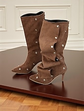 levne Slouch Boots-Dámské hnědé semišové kozačky nad kolena s odnímatelnou přední ozdobou a multistylem - módní obuv na vysokém podpatku pro moderní městské outfity