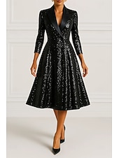 olcso Szmokingruhákkal-Szmoking ruha A-vonalú Előírásos Szatén Flitter Elegáns Szüret 3/4 ujjú rakott Midi Csúcs hajtóka Dupla soros