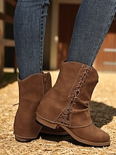 levne Cowboy &amp; Western Boots-Dámské tmavě hnědé kotníkové boty z umělé kůže s bočním zipem a krajkovým detailem – ležérní vintage boty na nízkém podpatku pro každodenní nošení, cestování a outdoorové outfity