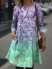 tanie Sukienka boho-Damskie Sukienka mini Sukienka t-shirtowa Sukienka A line Urlop Codzienny Codzienny Randka Regularny Ombre Graficzny W Tureckie Wzory Długi rękaw Półgolf Niebieski Fuksja Pomarańczowy Zielony Wiosna