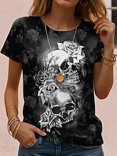 preiswerte Halloween Oberteile-Halloween Damen T Shirt Grafik Schädel Halloween Vintage Stilvoll Klassisch Kurzarm Rundhalsausschnitt Normale Oberteile Täglich Wochenende Druck Schwarz Rote Leicht Braun Blau Orange Herbst Winter