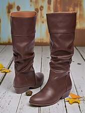 levne Slouch Boots-Dámské tmavě hnědé kozačky z umělé kůže – stylové kozačky na nízkém podpatku pro podzimní a zimní outfity
