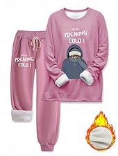 preiswerte Zweiteilige Sets-Damen Elegant Warm Mode Zweiteilige Sets Trainingsanzug Hosen-Sets Langarm Bischofsärmel Rundhalsausschnitt Rundhals Grafik Buchstabe Porträt Druck Outdoor Urlaub Täglich Schwarz Rosa Dunkelpink