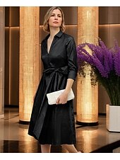 baratos Comprimento do chá-Vestido-camisa para mãe da noiva em corte A, tafetá elástico, elegante, simples e minimalista, gola estilo chá, comprimento até o joelho, tecido elástico, manga 3/4 com laço 2025