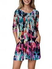 abordables Robes fleuries décontractées-Halloween Femmes Mini Robe Robe trapèze Élégant Occasionnel Coupe Ample Imprimé Manche 3/4 Col ras du cou Jaune Bleu Bleu Poudré Bleu de minuit Été Printemps Automne
