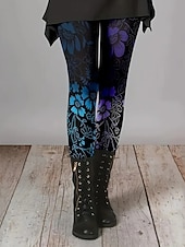 billiga Halloween Bottoms-Dam Byxor Damasker Mysiga leggings Streetwear Ledigt Fullängd Hög midja Blommig Elastisk midja Mönster Mateial som andas Bekväm Elastisk Semester Gata Dagliga kläder Blå Vår Höst Normal