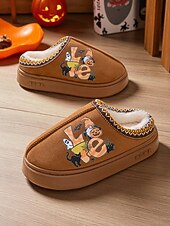 abordables Pour les femmes-Chaussons d&#039;Halloween doublés de polaire pour femmes - chaussures d&#039;intérieur confortables avec imprimé citrouille de dessin animé, semelle antidérapante douce, style automne-hiver chaud pour la maison et les cadeaux de vacances