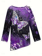 tanie Koszulka ze zwierzętami-Damskie Podkoszulek Nadruk Asymetryczny/a Graficzny Geometryczny Motyl Zabytkowe Elegancki Codzienny Długi rękaw Półgolf Długie topy Codzienny Żółty Fioletowy Zielony Wiosna Jesień