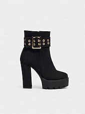 baratos Botas com salto-bota feminina plataforma de camurça preta com salto grosso e fivela dourada &amp;fecho de zíper - festa ousada &amp;calçados de concerto para looks de outono e inverno