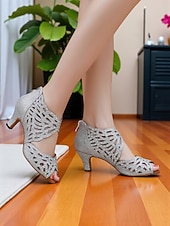 economico Scarpe per balli latini-scarpe da ballo da donna con punta aperta, strass e tacco basso color carne - calzature professionali per feste da ballo Gatsby