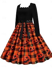 abordables Robe d&amp;#39;Halloween-Halloween Femmes Robe Midi Robe trapèze Occasionnel Quotidien Fête Coupe régulière Potiron manche longue Col carré Jaune foncé Noir Jaune Orange Été Printemps Automne