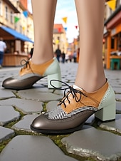abordables Zapatos Oxford de mujer-Zapatos brogue oxford de tacón grueso con bloques de color para mujer: zapatos de vestir vintage con cordones de los años 50 con detalle de espiga de tweed para la oficina, el Oktoberfest y la moda de