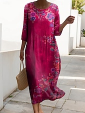 billiga Blommig klänning-Kvinnors Maxiklänning Kaftan 3/4 Lång Ärme Crew Neck Avslappnad Shift Klänning A-linjeformat Klänning Klänning Boho Daglig Semester Dejtdress Blommig Grafisk Rosa Röd Blå Fuchsia Vår