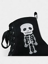 abordables Pour les femmes-Bottines gothiques à plateforme en daim noir pour femmes - Bottines à lacets et talons épais avec broderie squelette pour Halloween et cosplay d&#039;automne &amp;tenue de fête