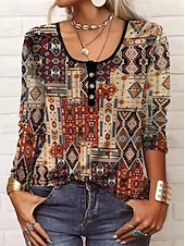 billige Boho t-skjorte-Dame Tunika T skjorte Blomstret Grafisk Geometrisk Stilfull Fritid Bohem Langermet Crew-hals Vanlige topper Daglig Ut på byen Helg Svart Rød Oransje Brun Kakifarget Høst Vinter