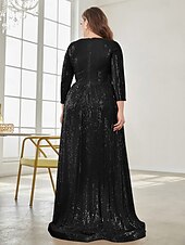 economico Semi-formale / Cocktail-Linea ad A Lunghezza al pavimento Abiti da festa Elegante Manica Lunga Scollo a V Formale Invitato a matrimonio autunnale Con Paillettes con Glitter Paillettes