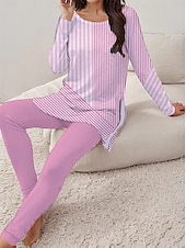 お買い得  ツーピースセット-女性用 エレガント 旅行度假风 ファッション Tシャツ パンツセット 長袖 ラウンドネック フラワー グラフィック ストライプ プリント カジュアル／普段着 ピンク 夏 レギュラー