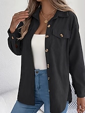 preiswerte Damen Einfache Oberteile-Damen Hemd Textur Bluse Bluse Einfach Modern Lässig Langarm Hemdkragen Normale Oberteile Täglich Ausgehen Tasche Knöpfe Schwarz Wein Khaki Herbst