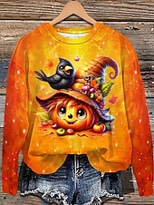 olcso Halloween pulóver és kapucnis felső-női pulóverek grafikus mintás divatos lezser hosszú ujjú kerek nyakú normál felsők utcai mindennapi viselet lezser nyomtatott fekete sárga rózsaszín fukszia narancssárga ősz tél