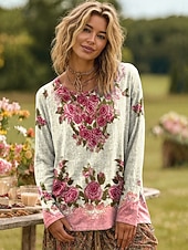 billige Blomster t-skjorte-Dame Plus Size T-skjorte Blomster Fargegradient Oljemaleri blomster Grunnleggende Langermet Rund Hals Vanlige topper Daglig Gå ut Weekend Trykk Rosa Rød Blå Lilla Grønn Vår Høst Forhøst