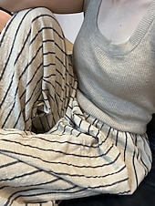 economico Pantaloni in cotone e lino con grafica-pantaloni culottes in misto lino da donna, gamba larga, stile etnico vintage, lunghezza intera, vita media, a righe, comodi, traspiranti, anelastici, per le vacanze, per la casa, tutti i giorni, beige