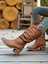 olcso Slouch Boots-női barna bő szárú, félvádrájú csizma – vastag sarkú, western stílusú csizma őszi divathoz, szabadtéri eseményekhez és hétköznapokra