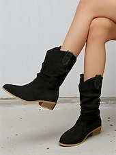 abordables Bottes souples-Bottes mi-mollet souples en faux daim rouge pour femmes avec talon bas et languettes de traction – chaussures d&#039;hiver et de vacances élégantes pour les tenues décontractées et Noël
