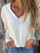 preiswerte Damen Einfache Oberteile-Damen Hemd Bluse Einfach Modern Lässig Langarm V Ausschnitt Normale Oberteile Täglich Ausgehen Schwarz Champagner Braun Aprikose Grau Herbst