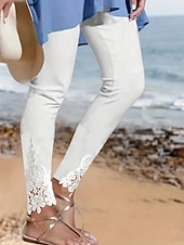 baratos Leggings lisas-Mulheres chinês Leggings Moda Roupa de rua Básico Comprimento total Cintura Alta Tecido Renda Confortável Macio Com Stretch Ao ar livre Férias Rua Preto Branco Verão Primavera Fino