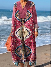 abordables Robes Boho-Femmes Robe maxi Robe d&#039;Été Robe trapèze Vacances Occasionnel Boho Soirée Fête Plage Coupe Ample Fleuri Graphique Géométrique manche longue Col en V Jaune Rouge Fuchsia Orange Été Printemps Automne