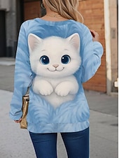 economico Animali Tops-Per donna Felpa Pullover Stampato Grafico Animale Gatto Casual Manica Lunga Girocollo Top Regolari Casuale Streetwear Ferie Blu Rosa Viola Verde Primavera Autunno Inverno