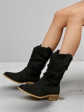 abordables Bottes souples-Bottes mi-mollet souples en faux daim rouge pour femmes avec talon bas et languettes de traction – chaussures d&#039;hiver et de vacances élégantes pour les tenues décontractées et Noël