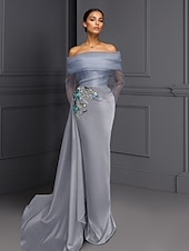 economico Abiti da ballo-abito da sera elegante blu nero con scollo a V, in raso elasticizzato, con spacco arricciato e perline, lunghezza al pavimento, manica lunga, abito formale da sposa 2025