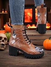 abordables Pour les femmes-Bottines de combat à talons épais pour femmes, motif tête de mort d&#039;Halloween et toile d&#039;araignée – bottines gothiques à lacets pour cosplay, porte-bonheur et mode automnale effrayante